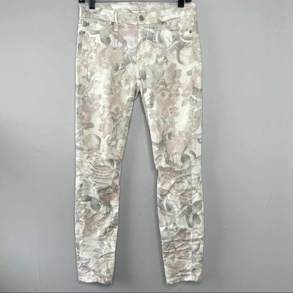 7 FOR ALL MANKIND Floral Skinny Jeans Womens 26 Distressed Preppy Grunge Casual